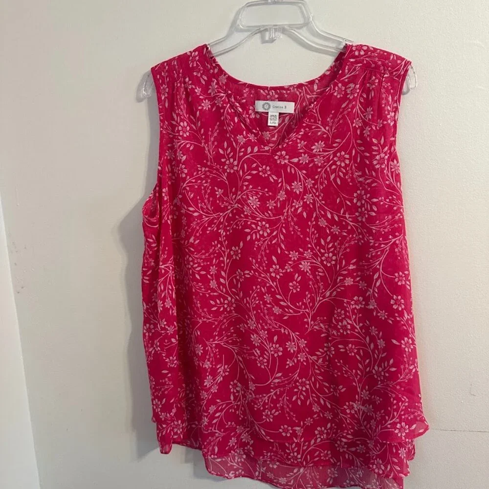 Cristina B Sleeveless V-Neck Floral Blouse / Tank Pink & White Size Large - Picture 2 of 9